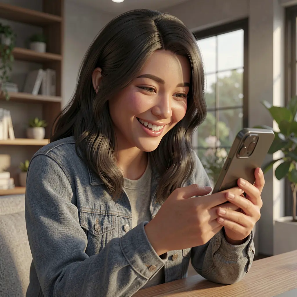 LEOJILI99 App – Enjoy smooth and engaging mobile casino entertainment in the Philippines Smiling Filipino woman enjoying mobile casino gameplay on the LEOJILI99 app while checking her phone in a relaxed setting