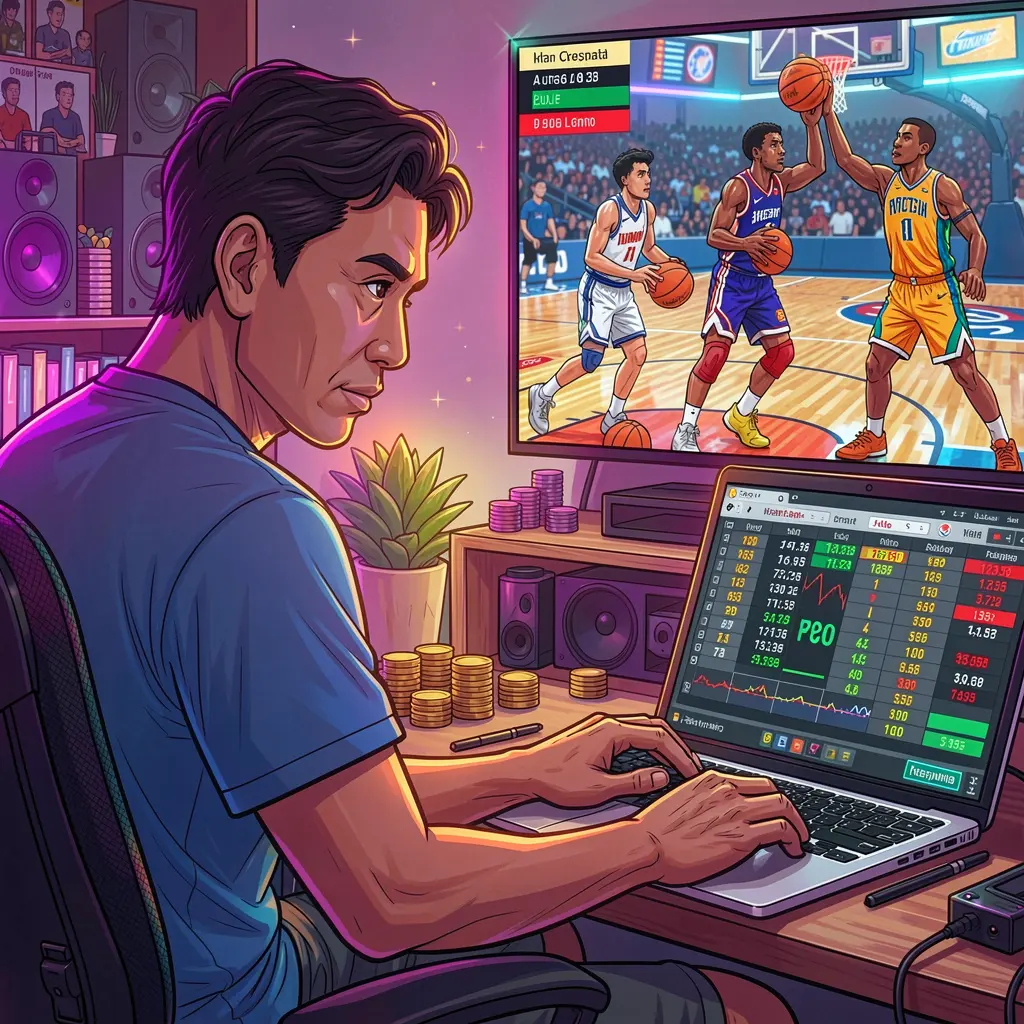 Focused Filipino sports bettor using a laptop at home with a live basketball game on TV while placing bets through LEOJILI99