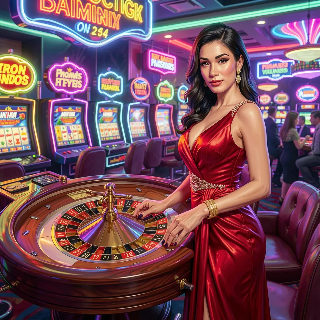 Elegant woman in a red dress standing at a glowing roulette table in a modern casino atmosphere at LEOJILI99 showcasing premium live casino gameplay for players in the Philippines